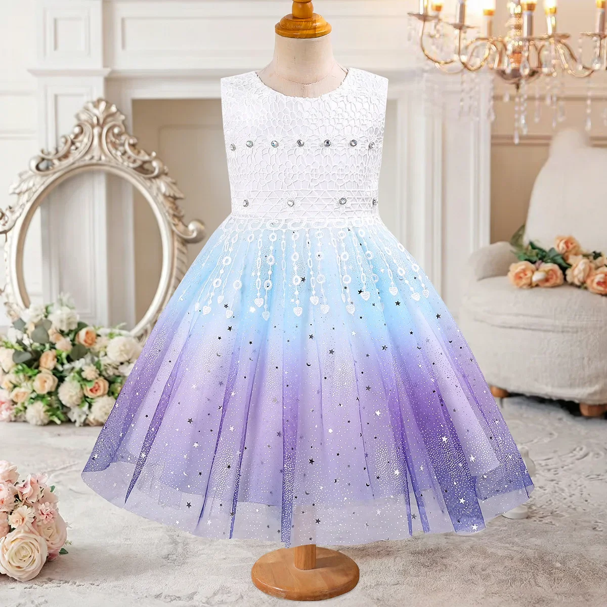 Princess Dress For Girls Gradient Color Block Kids Mesh Crystal Birthday Party Ball Gown Children Costume 3-10 Years