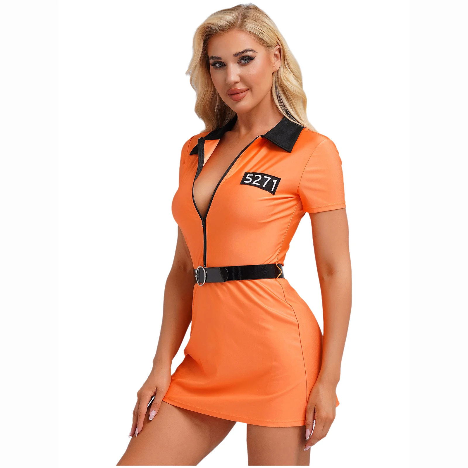

Women Halloween Prisoner Inmate Cosplay Costume Dress with Belt Jail Prison Convict Role Play Uniforms for Carnival Theme Party