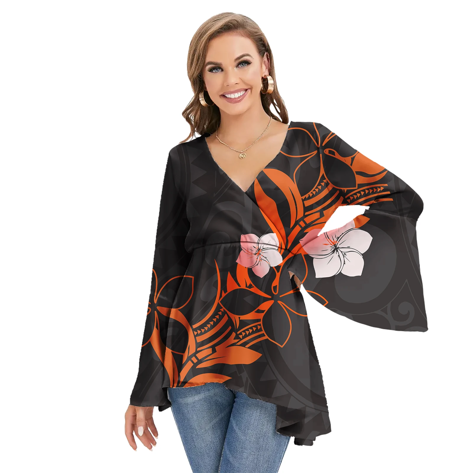 Samoan Fijian Design Blouses Flare Sleeve Ladies Blouses Casual Fashion Beach Island Women Tops Chiffon Shirt