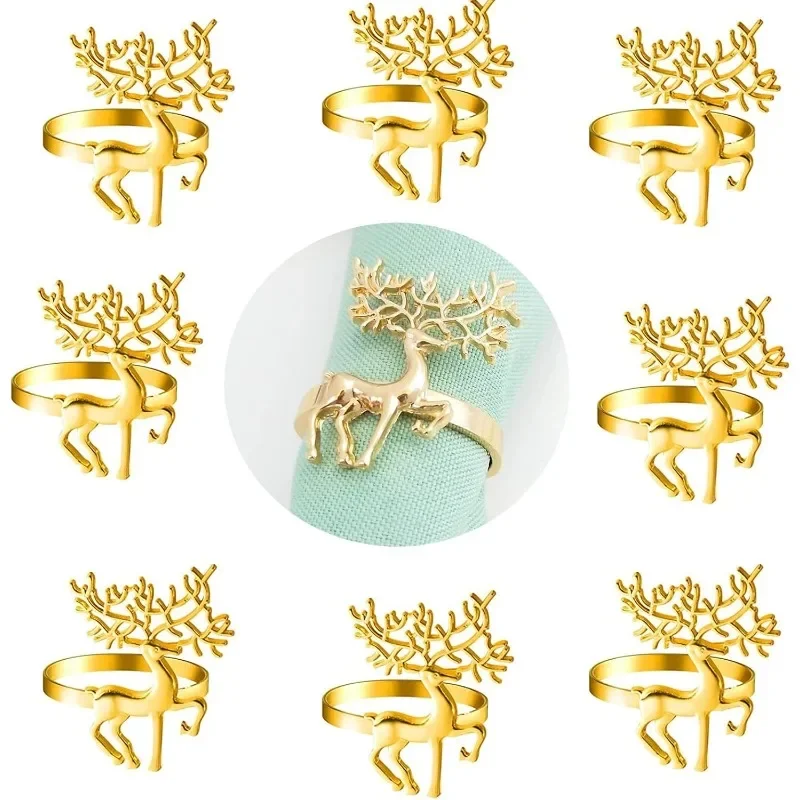 Gold Reindeer Napkin Rings Set of 10 Christmas Table Decorations for Holiday Parties Weddings Banquets and Family Dinners