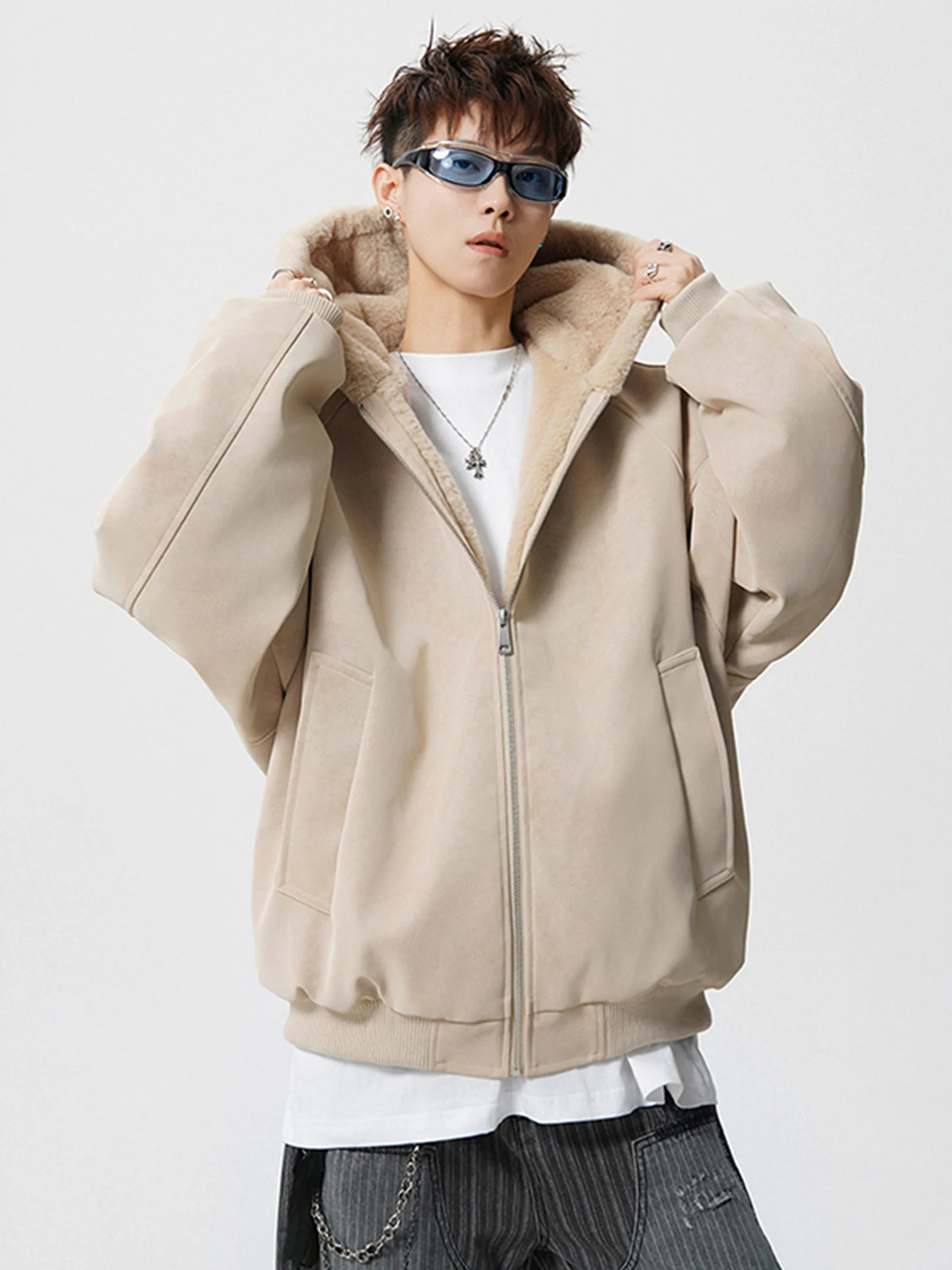 

American Sle Hooded PU Leather Cotton Jaet Men's Winter Thiened Fce Lined Coat Trendy Loose Warm Cotton irt