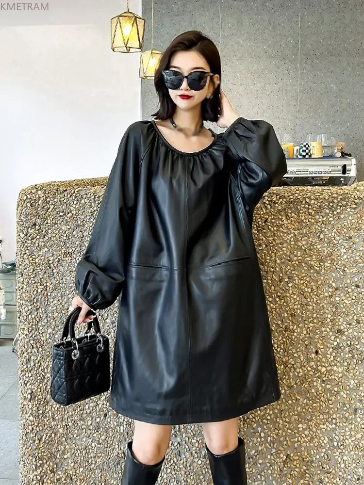 Genuine Leather Dresses for Women 2024 Spring Autumn Elegant Pure Sheepskin Black Dress O-neck Long Puff Sleeve robe femmes SGG