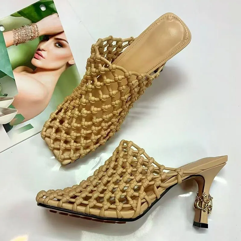 Silver Leather Hollow Sandals Woman Square Toe Strange High Heel Muller Slippers Lady Sexy Party Shoes view 5