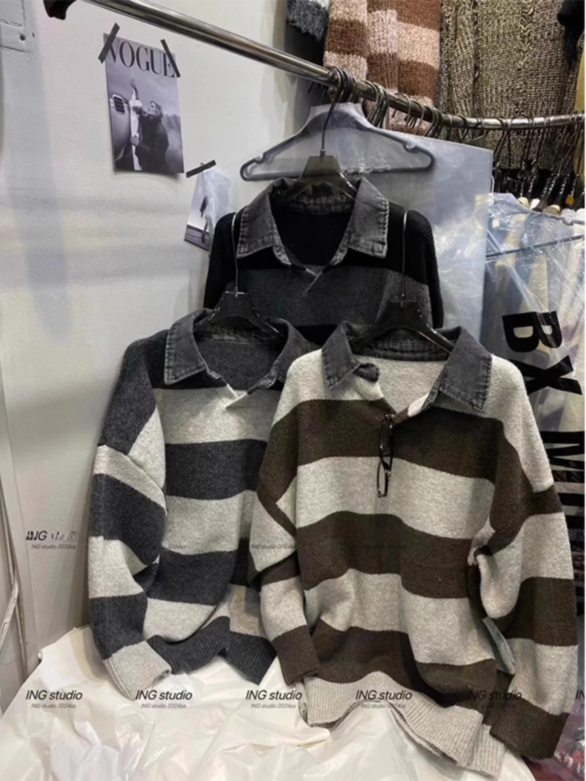 

Свитер унисекс оверсайз из джинсовой ткани с полосками, вязаный, повседневный, для весны и осени