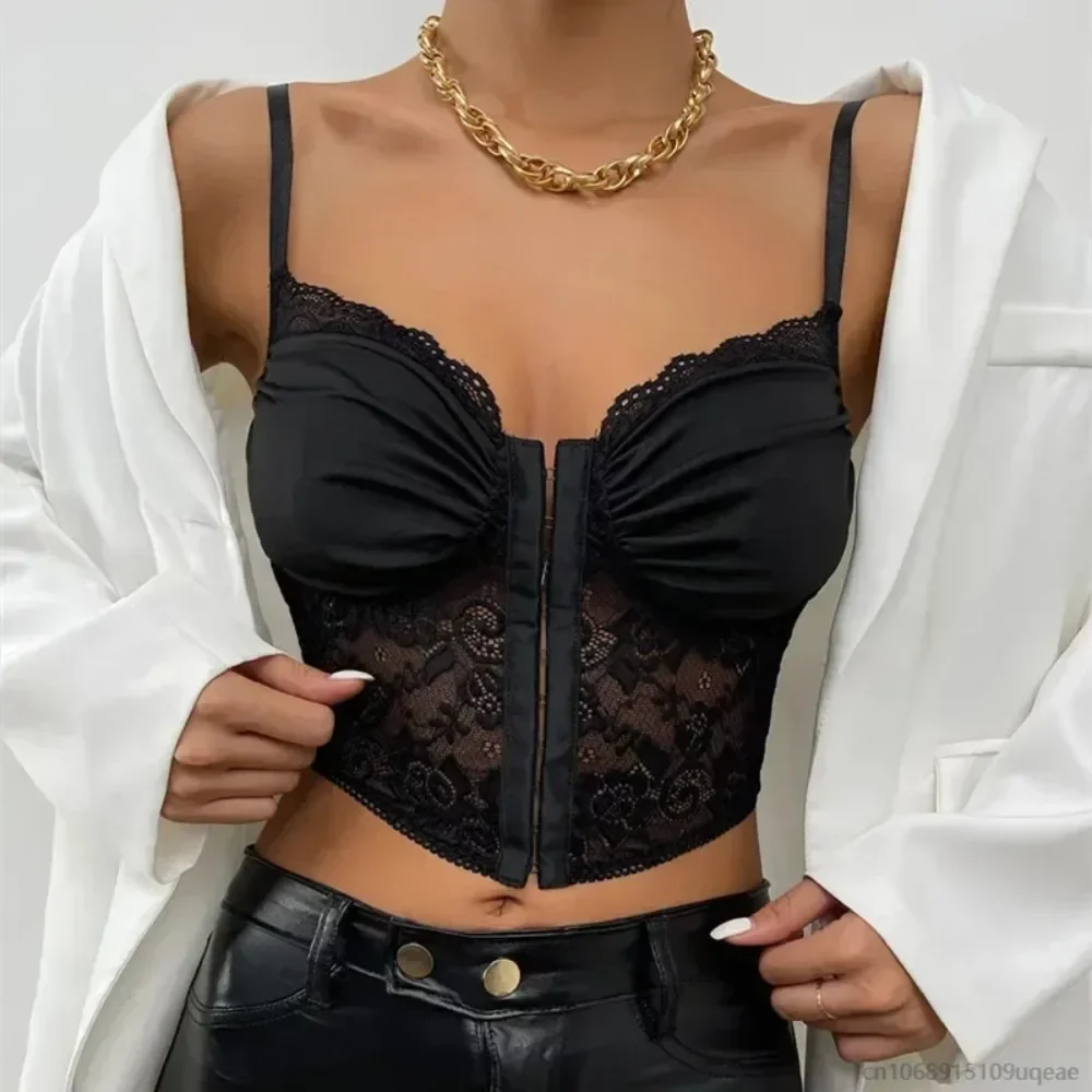 

Lace Sweetheart Pleated Cropped Sleeveless Tank Tops Summer Female Strap Slim Fit Camisole Summer Ladies Crop Top Corset