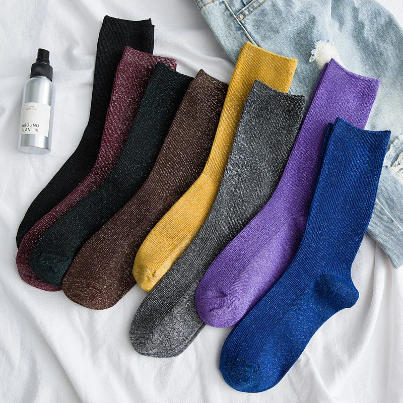 

7 pairs Sweet Cute golden silver socks Spring Autumn Breathable Socks Bright Sparkling Women's Socks Fashion Glitter Shiny Sock