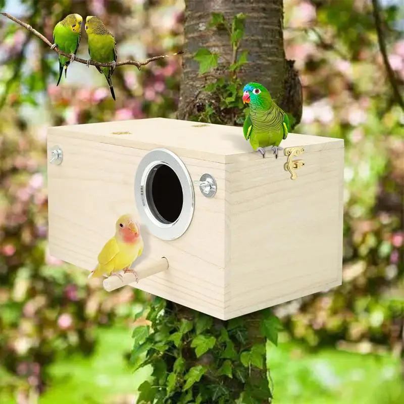 Wood Bird House Nest Birds Breeding Box With Perch Stand Spring Bird Parrot Breeding Decorative Bird Cage Mating Box Accessories
