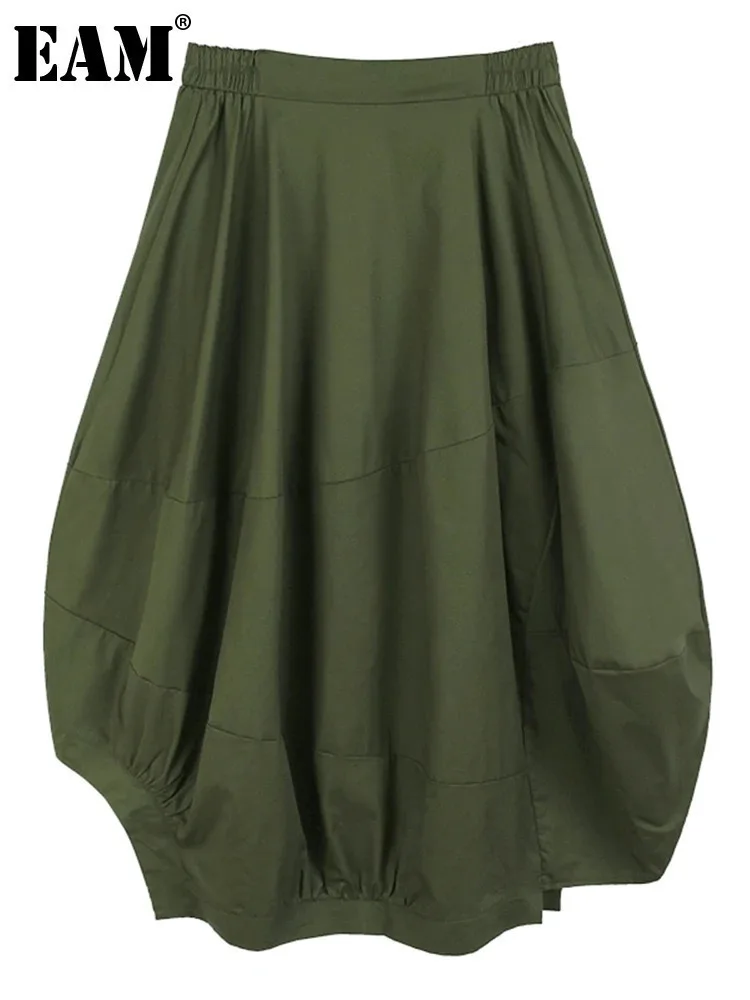 [EAM] High Elastic Waist Army Green Pleated Shaped Irregular Half-body Skirt Women Fashion Tide New Spring Autumn 2024   1DH5286