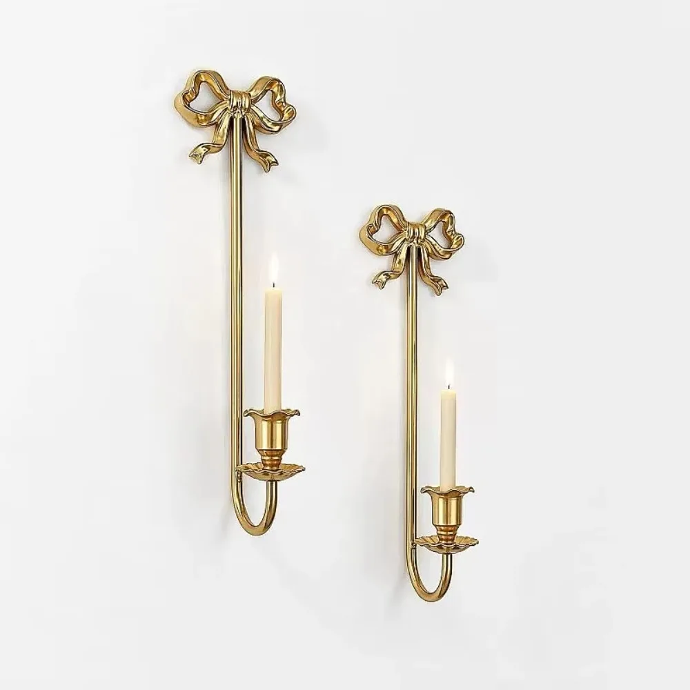 Set of 2 Vintage Metal Candle Holders, Gold Bowknot Embossed Wall Sconces, Wall Mounted Hanging Candle Stick for Home Decor