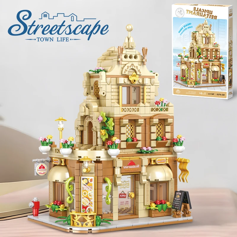 مدينة شارع عرض سلسلة مطعم اللبنات منزل نموذج متجر العمارة هدية صغيرة لصديقة الاطفال لعبة الإبداعية