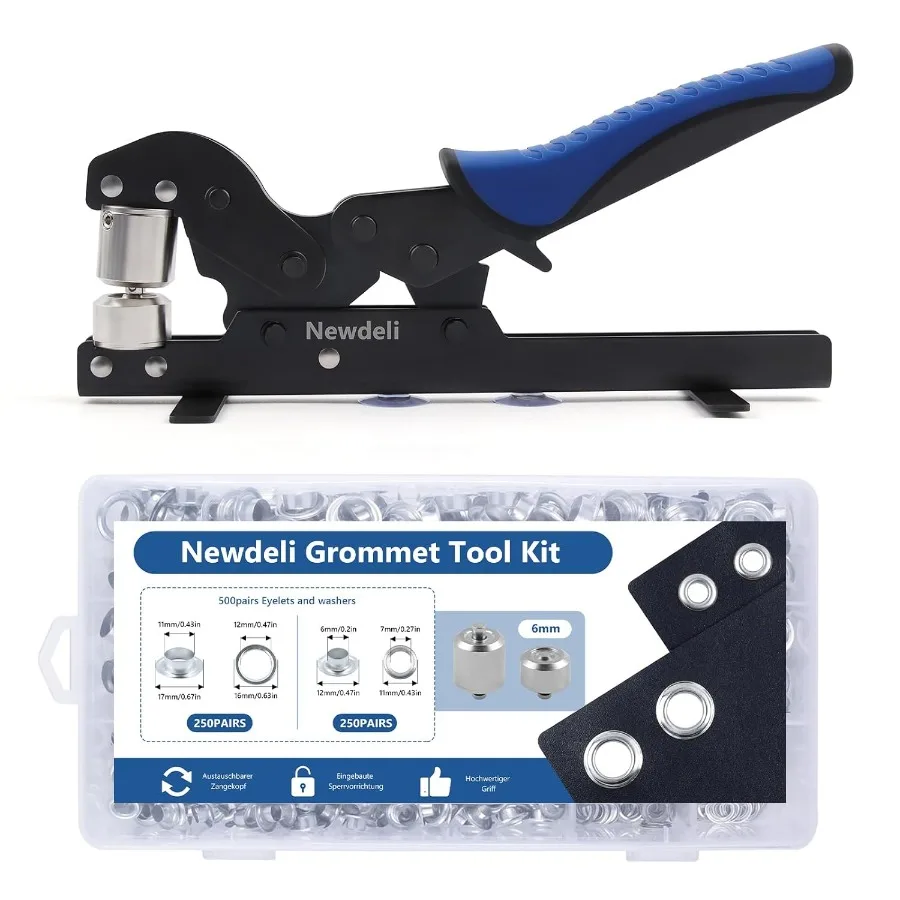 Newdeli Desktop Grommet Tool Kit- 3 8 inch Hand Press Grommet Plier with 1 4 inch Grommet Die and 500 Pairs 3 8