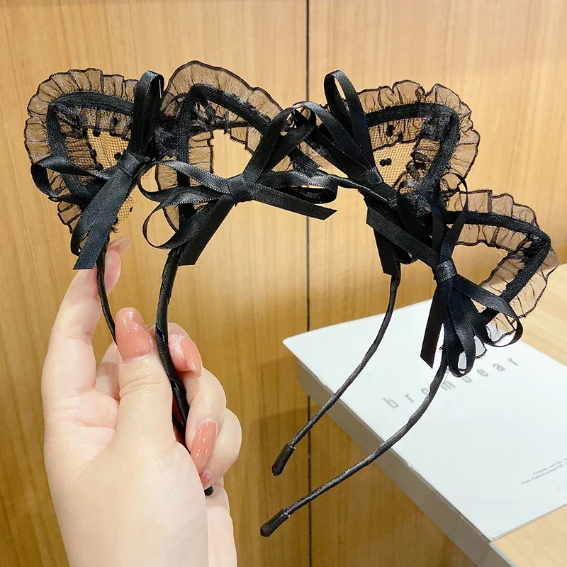 Cat Ears Headband Necklace Bear Ears Bowknot Hairband Black Lace Choker Women Cosplay Party Dance Headwear Hair Accessories