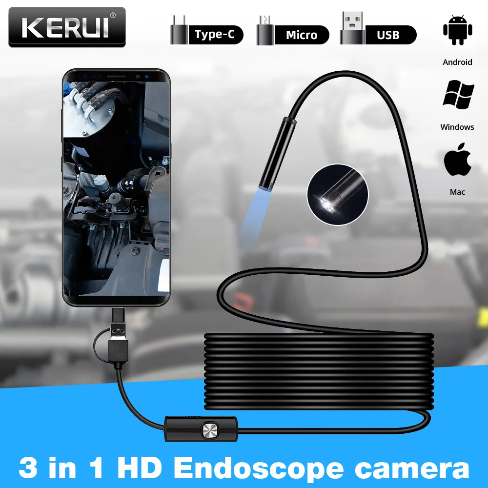 KERUI Mini Endoscope 3 IN1 Micro USB Type C Borescope Waterproof  Sewer Industrial Pipeline LED Car Inspection For Android PC