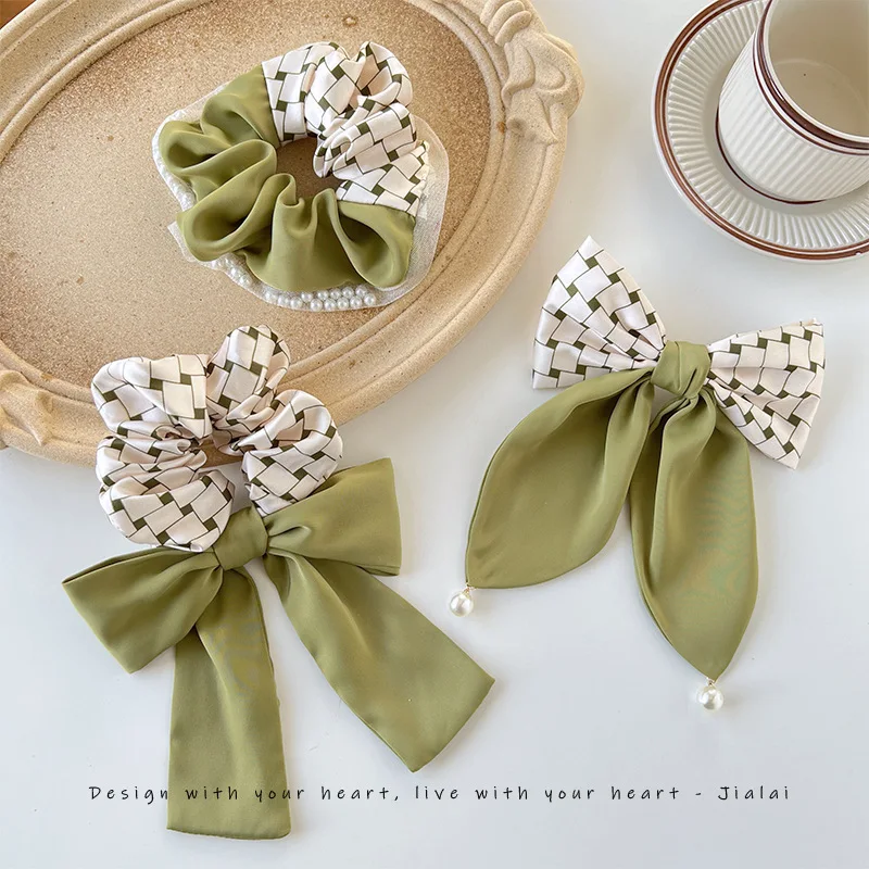 1pc Temperament Hair Ring Ties Summer Fashion Scrunchie Green High Grade Bow Knot Hairpin Rubber Band Headrope Set Wholesale