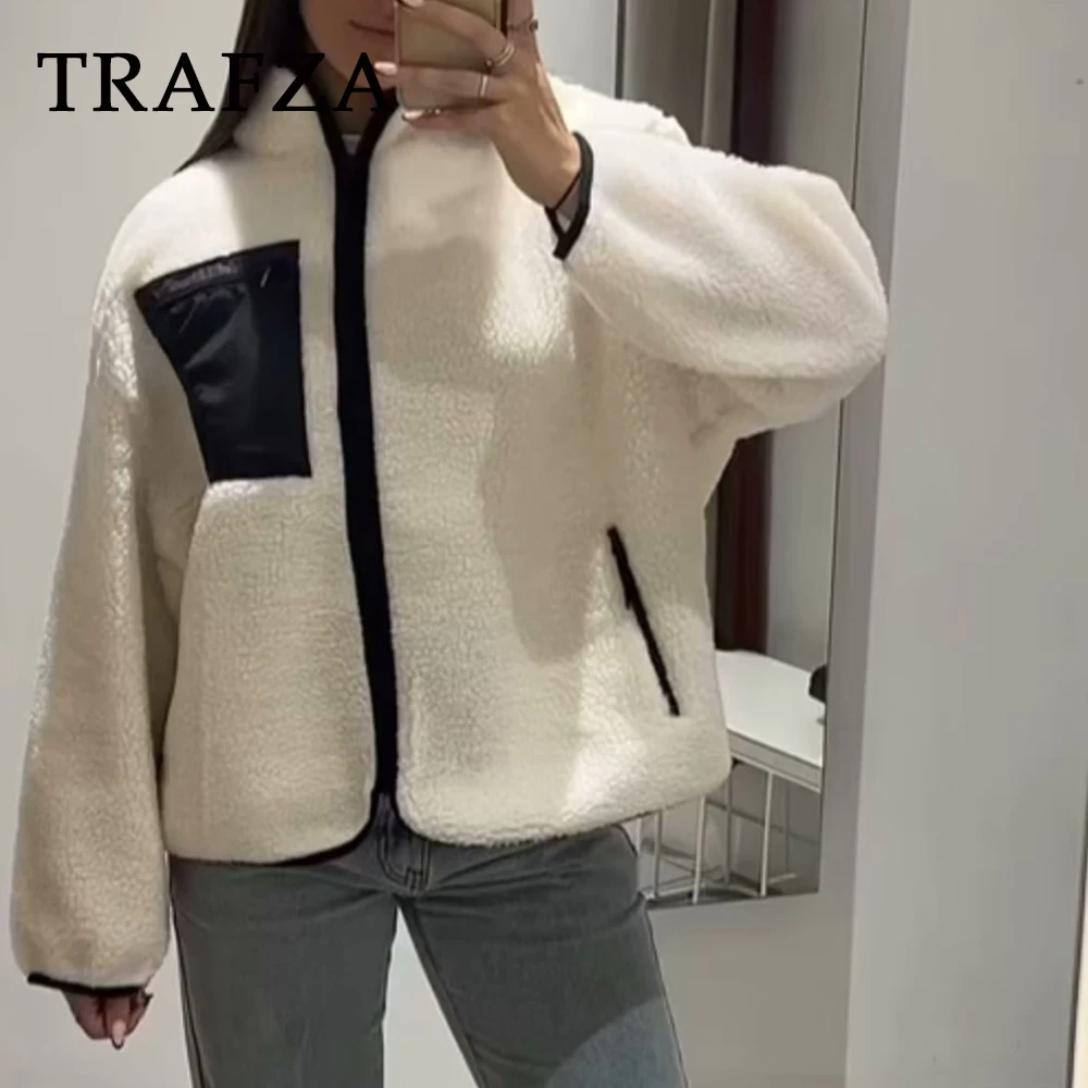 TRAFZA-abrigos Vintage de piel de peluche para mujer, chaquetas gruesas holgadas con cuello redondo y bolsillos, con cremallera, elegantes, a la moda, para otoño e invierno, 2023