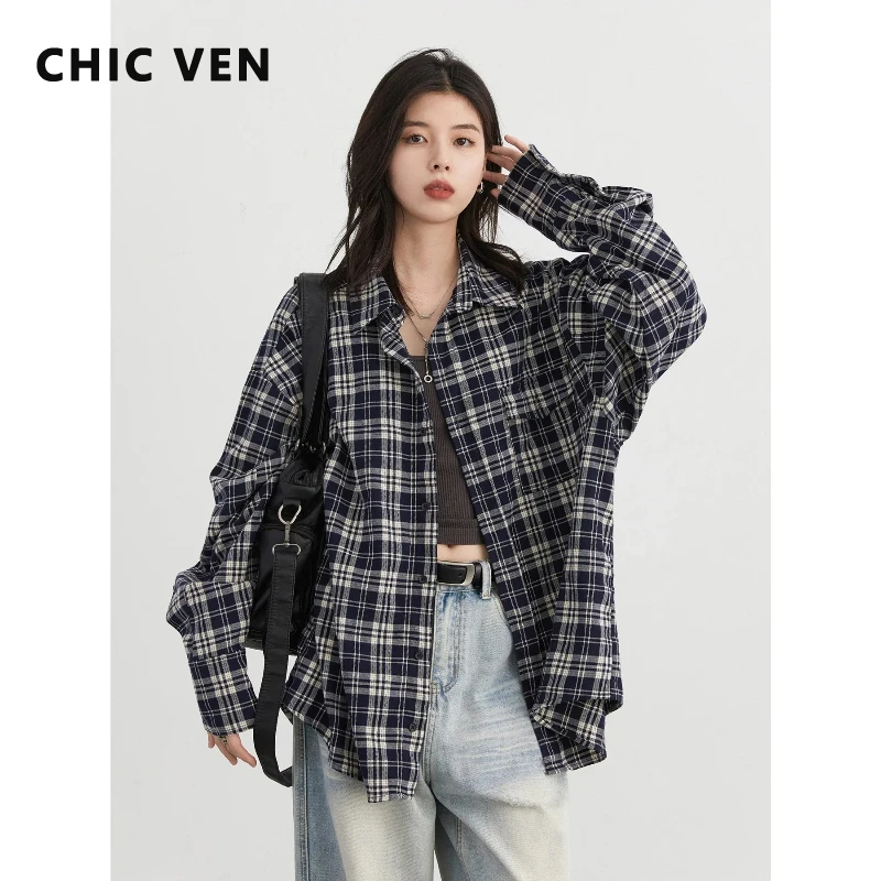 

CHIC VEN Новая корейская женская рубашка с контрастным клетчатым узором, свободного кроя, на одной пуговице, с длинными рукавами, повседневная блузка, весна-лето 2026