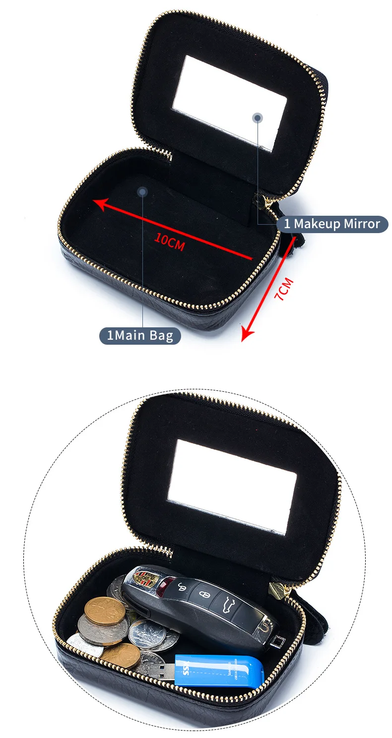 Lady Genuine Leather Lipstick Square Small Bag with Mirror Cowhide Cute Makeup Bag for Women's Jewelry Box Mini Coin Storage Bag
