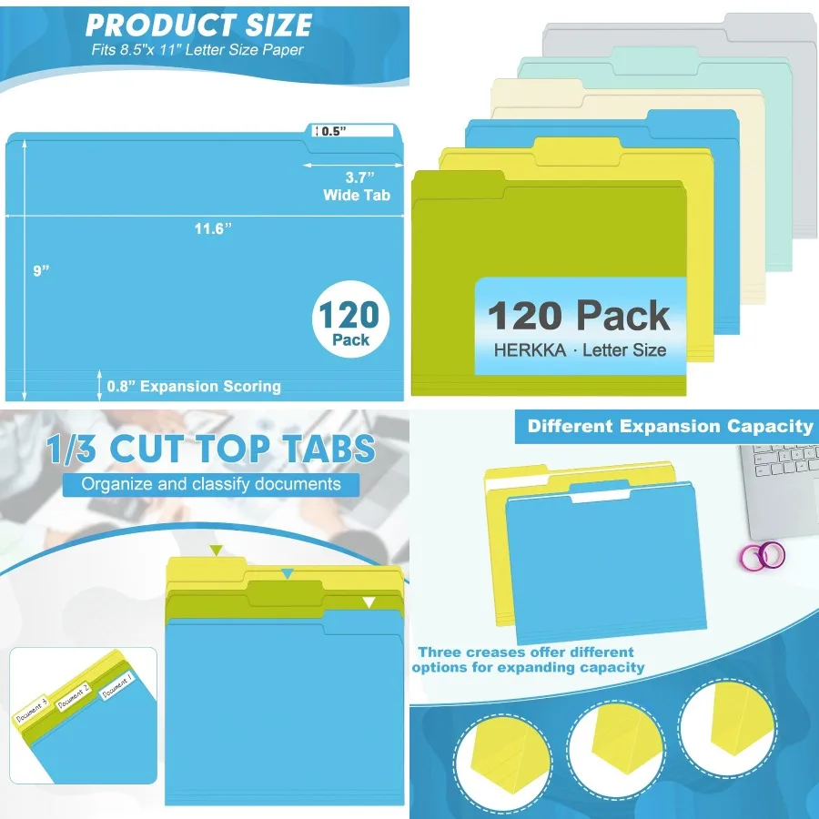 مجلد ملفات HERKKA 120 حزمة 1/3 مجلدات ملفات علامة التبويب مقاس الرسالة متنوعة 6 ألوان مجلدات الملفات الملونة مثالية لأعضاء المكتب