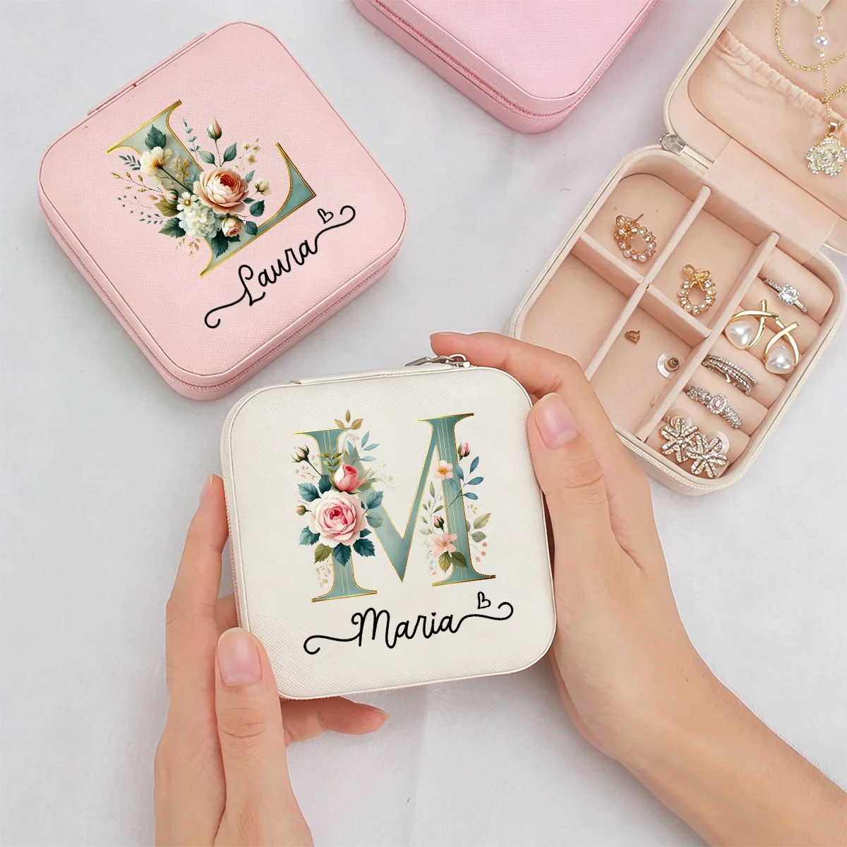 Custom Name Floral Initial Mini Jewelry Box, Personalized Travel Organizer, Bridesmaid Birthday Gift for Women Girls