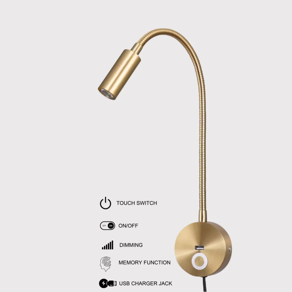 Tokili LED Golden Wall Lamp w/ USB Charger & Touch Dimmer - Bendable Gooseneck Bed Headboard Spotlight Sconce for Reading Lights - Image 5