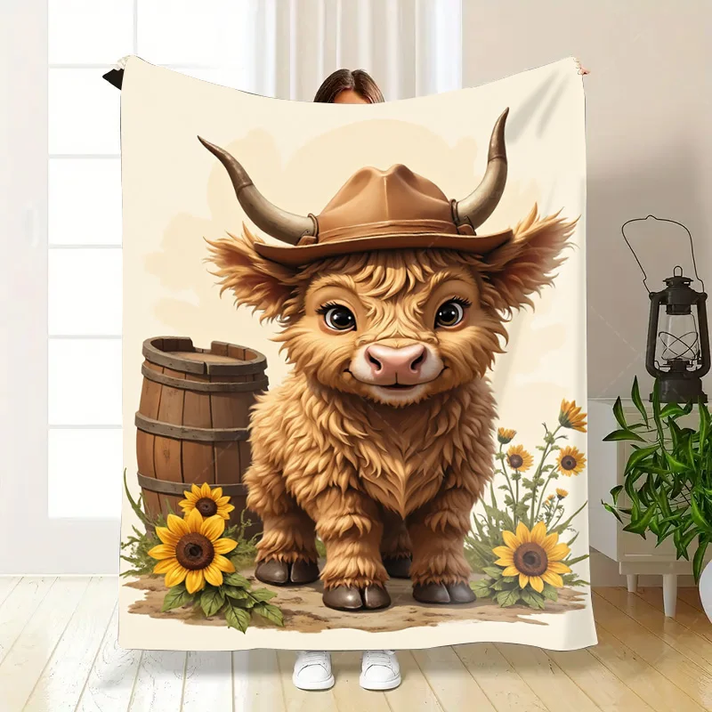 Couverture en flanelle, 1 pièce, jolie vache des Highlands, avec tournesols et couverture en baril, Style ferme rustique