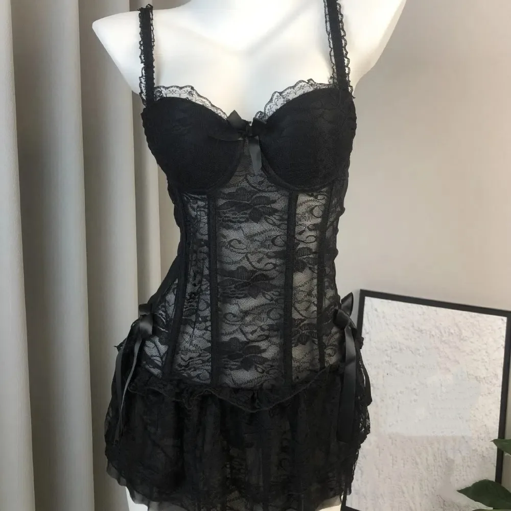 

Nightgown Lace Camisole Briefs Set Transparent Slim Fit Lingerie Uniform Dress Nightdress Mesh Lace Corset Skirt Cosplay Party