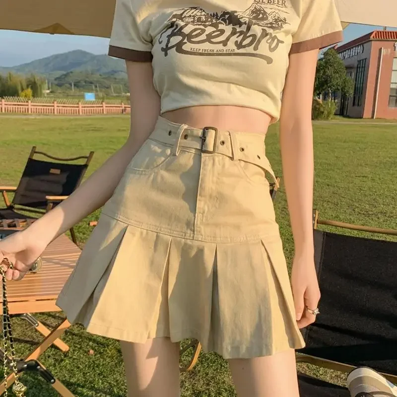 

Vintage Hotsweet Pleated Spliced Mini Skirts Spring Autumn High Waist Women's Clothing Aura Solid Color Fashionable Denim Skirts