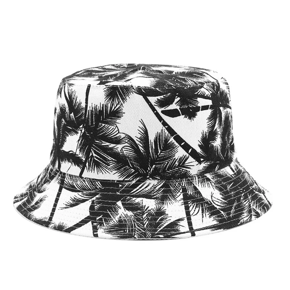 Fashion Reversible Bucket Hat Unisex Summer Coconut Tree Printed Fisherman Cap Black White