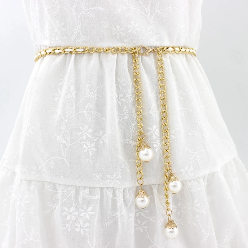 

Gold Color Metal Waist Chain Belt Women's Imitation Pearl Waistband Fashion Style Waist Belts Dress Accessories Cinturon Mujer