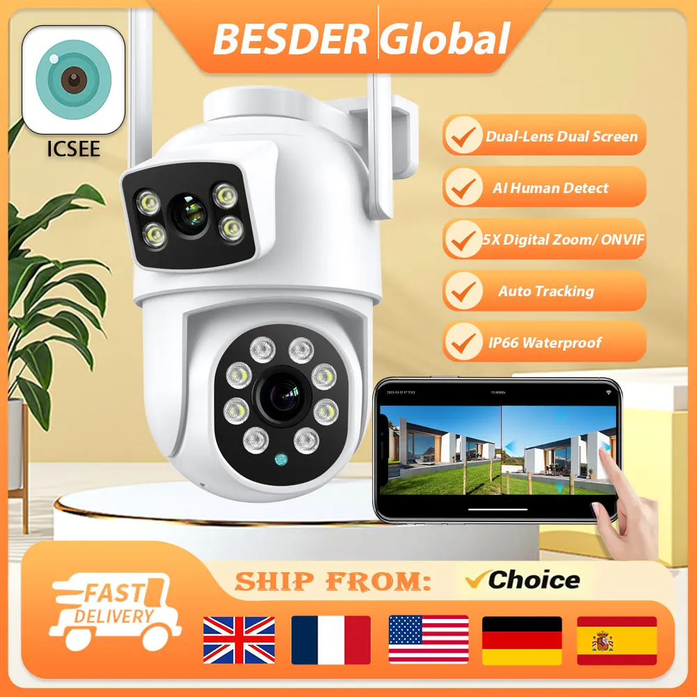 Outdoor Wireless Security IP Camera 4K 8MP HD Dual Lens External Wifi PTZ Camera Auto Tracking Street Surveillance Camera iCsee