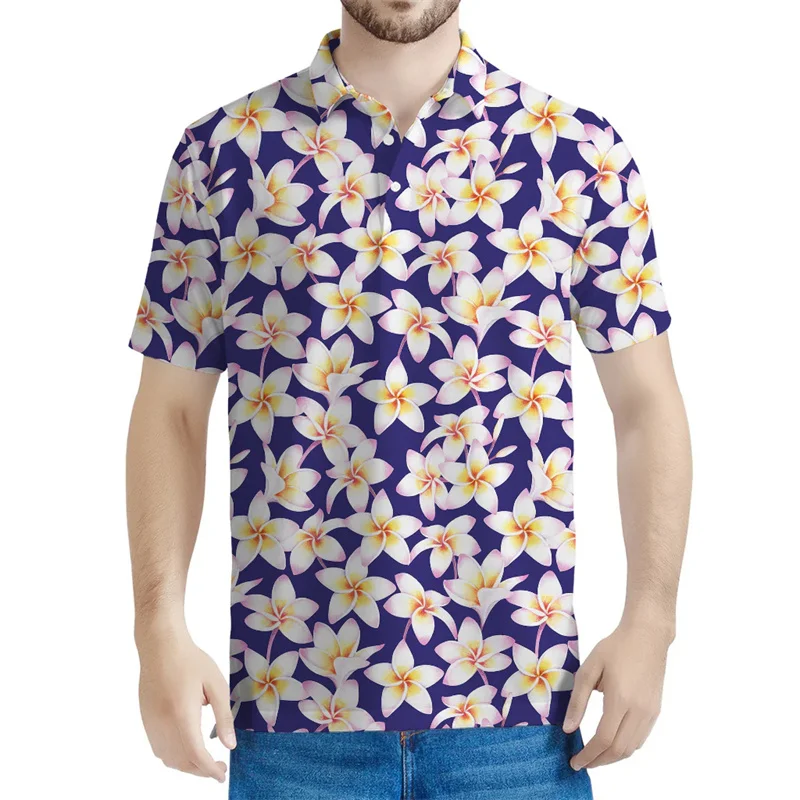 Colorful Frangipani Floral Graphic Polo Shirt Men 3D Printed Flower Short Sleeve Summer Street Loose T-shirt Button Tee Shirts