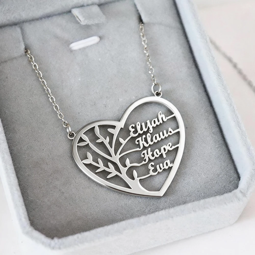 Custom 1-4 Name Heart Necklace Personalized With Family Member's Name Chain Tree Of Life For Women Birthday Memorial Day Gift