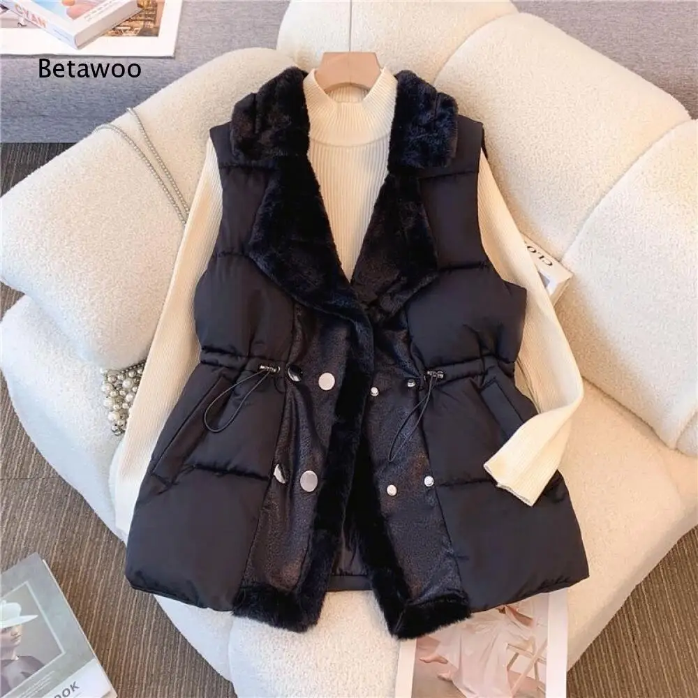 

Double Breasted Warm Puffer Vest Faux Fur Surround Collar Drawstring Waist Relaxed Cut Sleeveless Outdoor Casual Outer Top