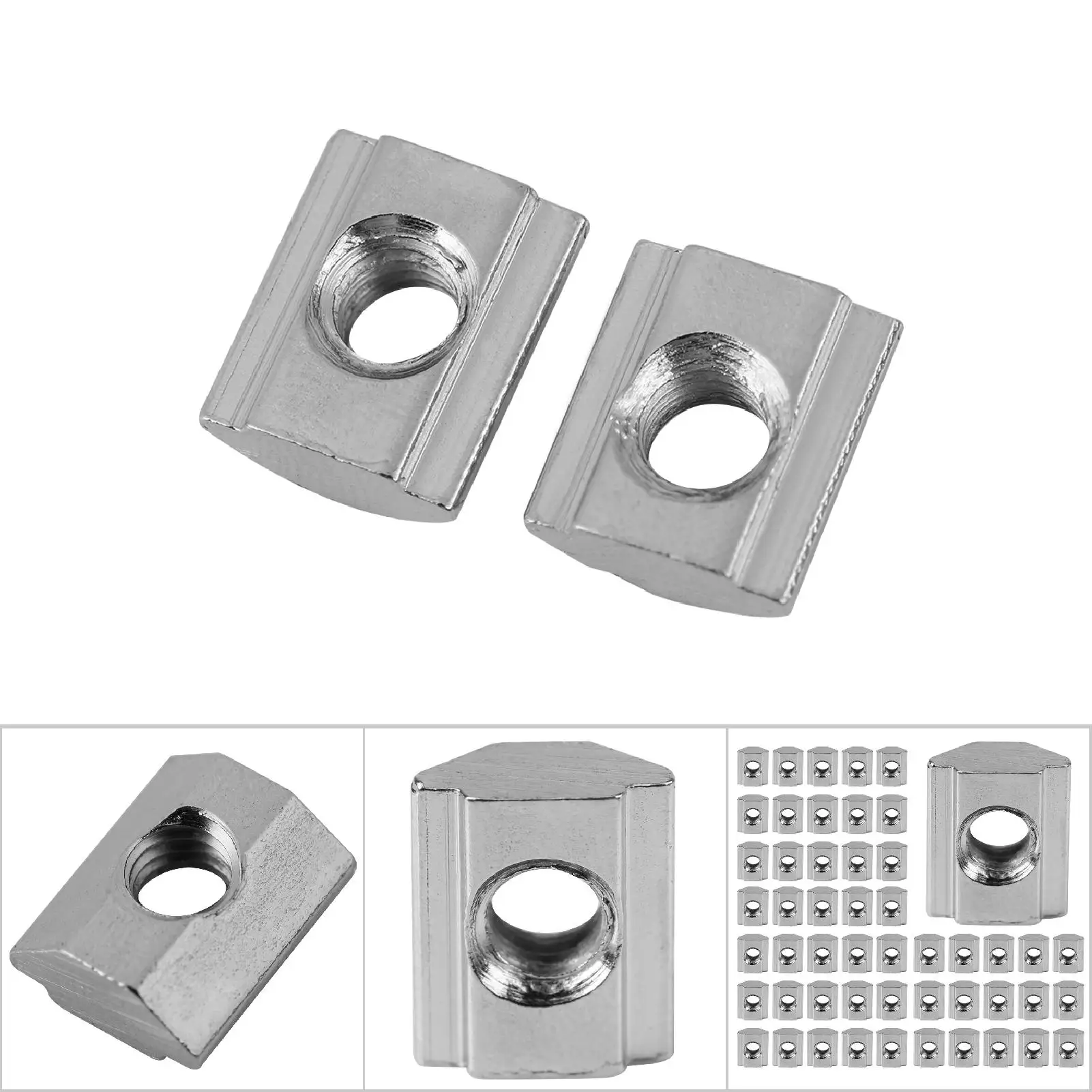 50pcs Nickel Coated Carbon Steel Sliding T Block Square nuts T-Track Sliding Hammer Nut for Fastener Aluminum Profile (EU20 M5)
