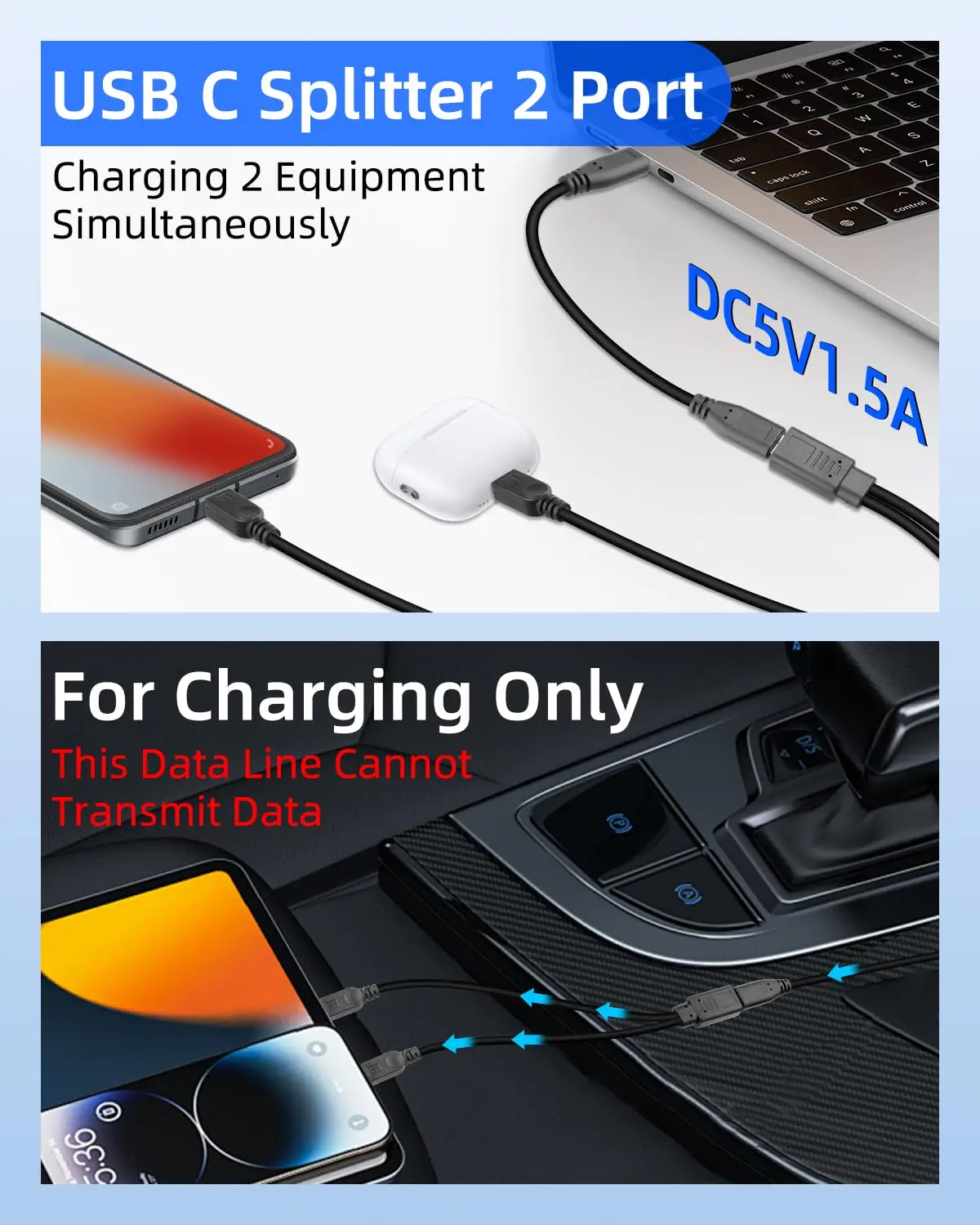 USB C Type-C Female to Dual Micro-USB 5Pin Male Splitter Extension Cable DC 5V Charging Power Supply Cord for Android Phone