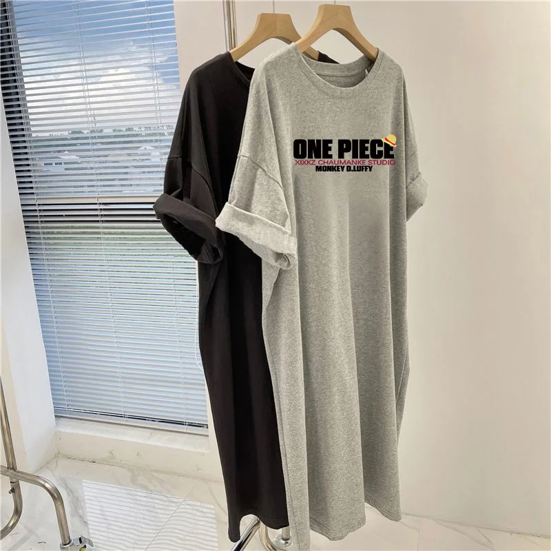 Women Clothing Fashion Basic Pullovers Dress, Summer Loose Casual Short Sleeve Dresses, Cartoon Printed Knee Length Tunic