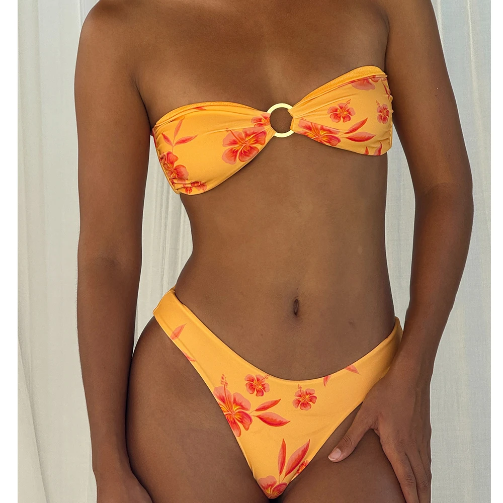 

Women y2k Aesthetic Floral Bandeau Bikini Sets O Ring Strapless Tie Back Bikini Top High Cut Thong Bathing Suits Beachwear