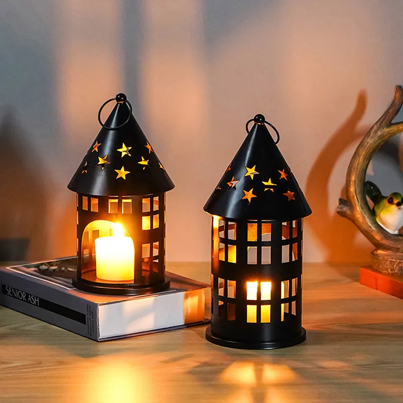 

-Border European Style Cylindrical Candle Holder Iron Art Hollow Candle Stand Home Decor Festival Hanging Orn