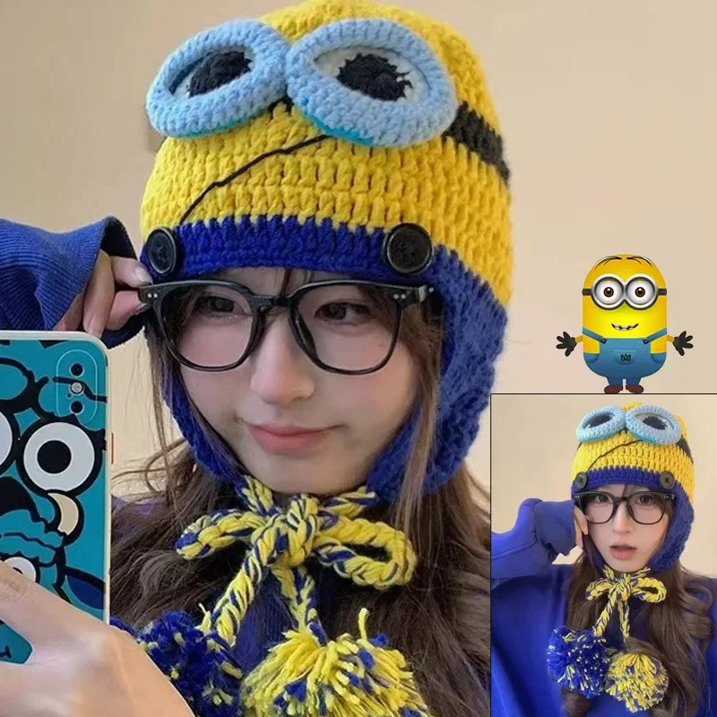 Minions Beanie Hat Women Cute Ins Knitted Wool Cap Winter Ski Mask Hat Funny Windproof Knit Beanies Bonnet Warm Unisex Caps Gift