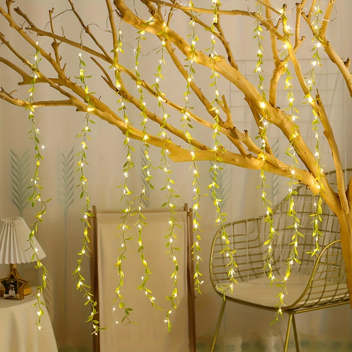 2 M 20 Light Always on Battery Box Willow Curtain Lamp Decorative Light String Imitation Leaf Wrought Iron Basket Copper Wire