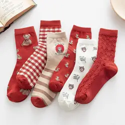 Kawaii Socks Female Japanese Cartoon Bear Plaid College Wind Tube Women's Socks Red Natal Year Cute Socks