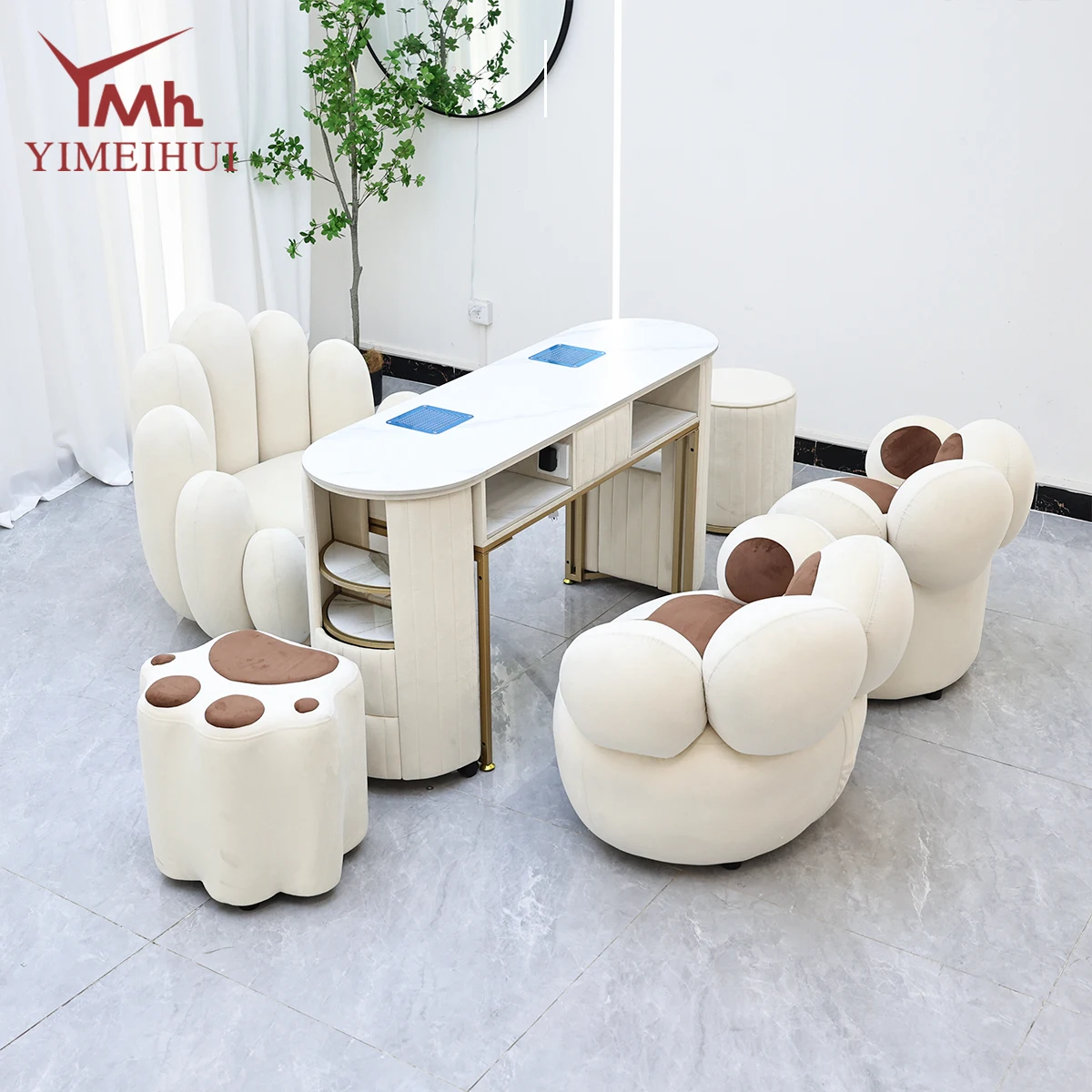 Modern Luxury Rock Surface Nail Bar Pedicure Table With Stainless Steel Chairs For Nail Salon And Living Room