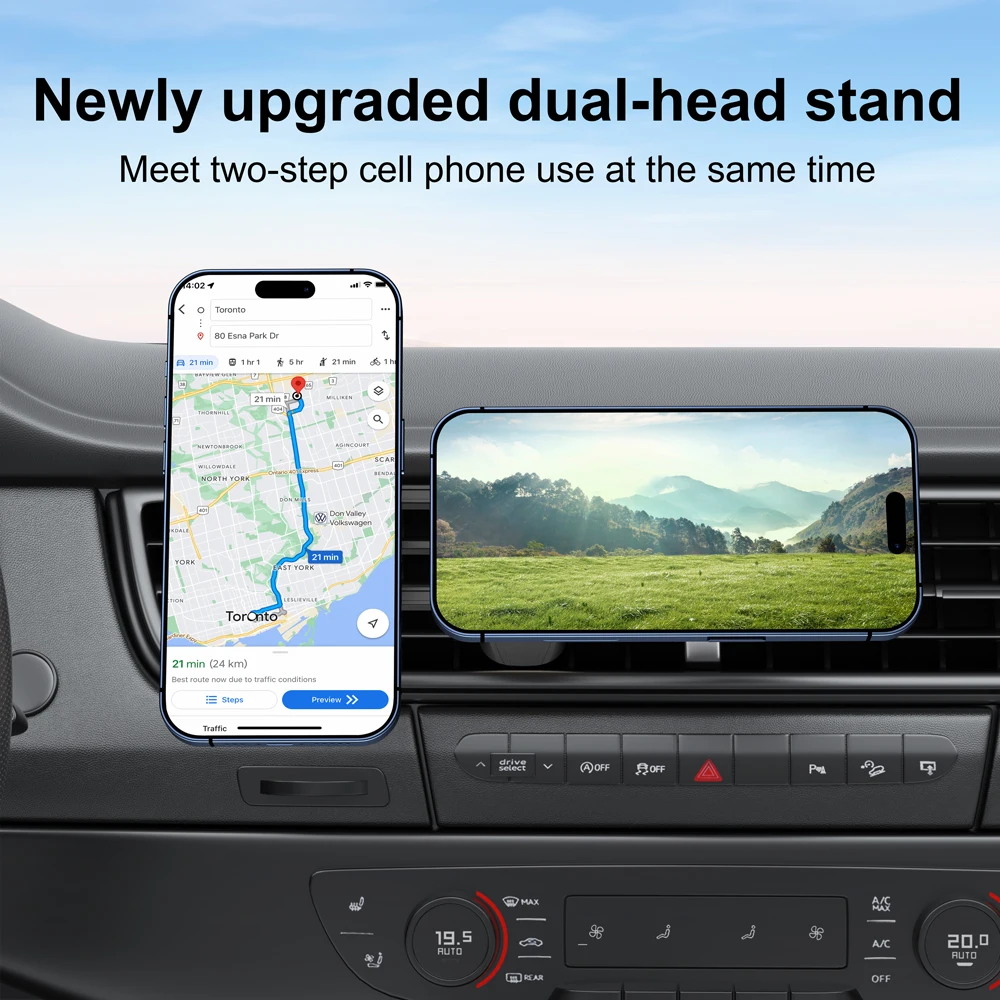 Universal Two Phone Bit Car Air Vent Magnetic Cell Holder Can Be Rotated 360 Degrees Built-In Powerful Magnets Multifunctional