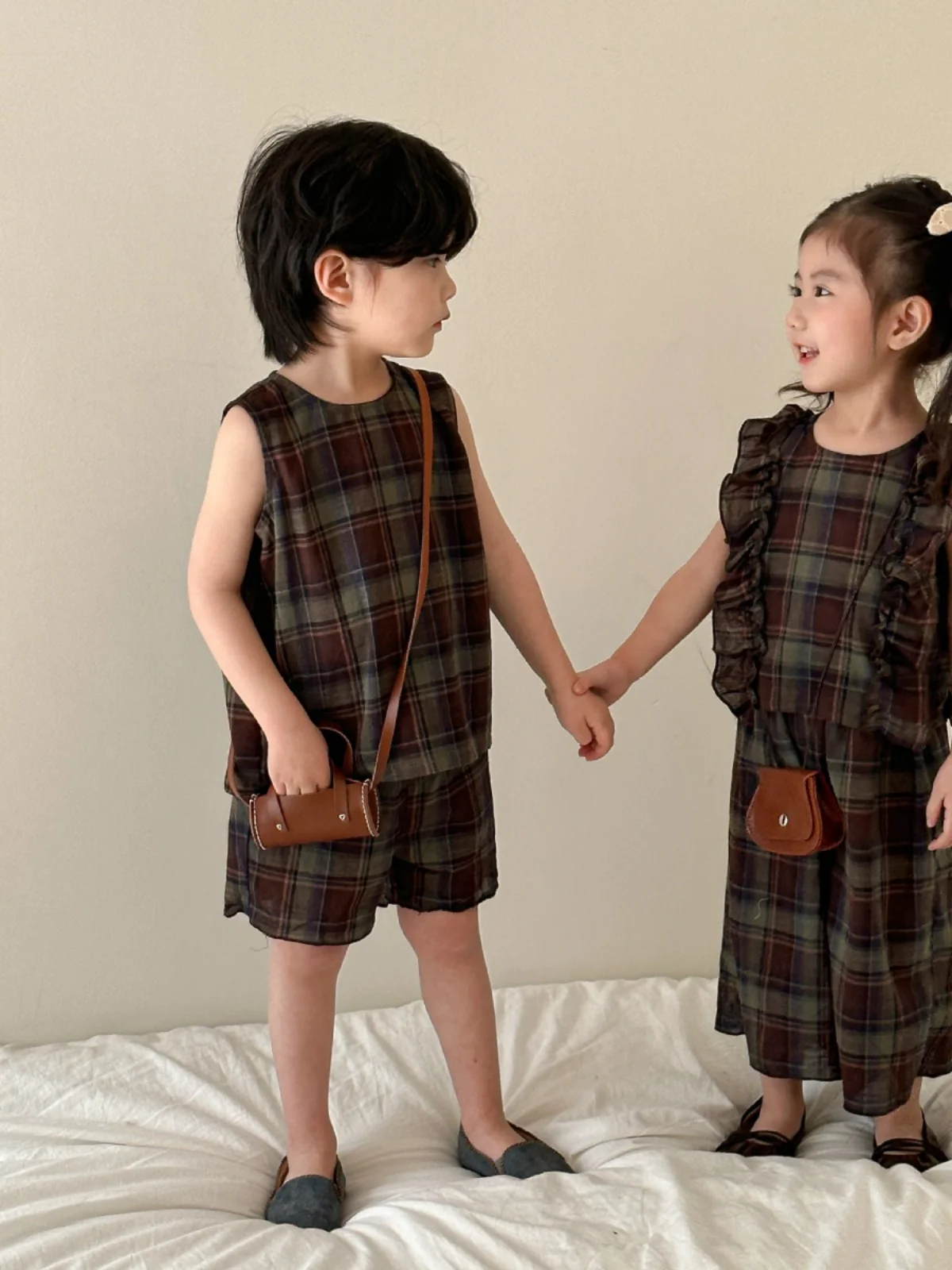 Summer Casual Wide Leg Pants Set for Boys And Girls Brother And Sister Matching Outfit Cotton Blend Sleeveless T-Shirt