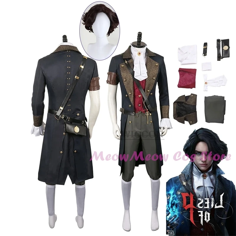 Game Lies Of P cos Fantasia Costume Male Disguise Adult Men Uniform Jacket Pants Role Play Outfit Halloween Carnival Suit wig