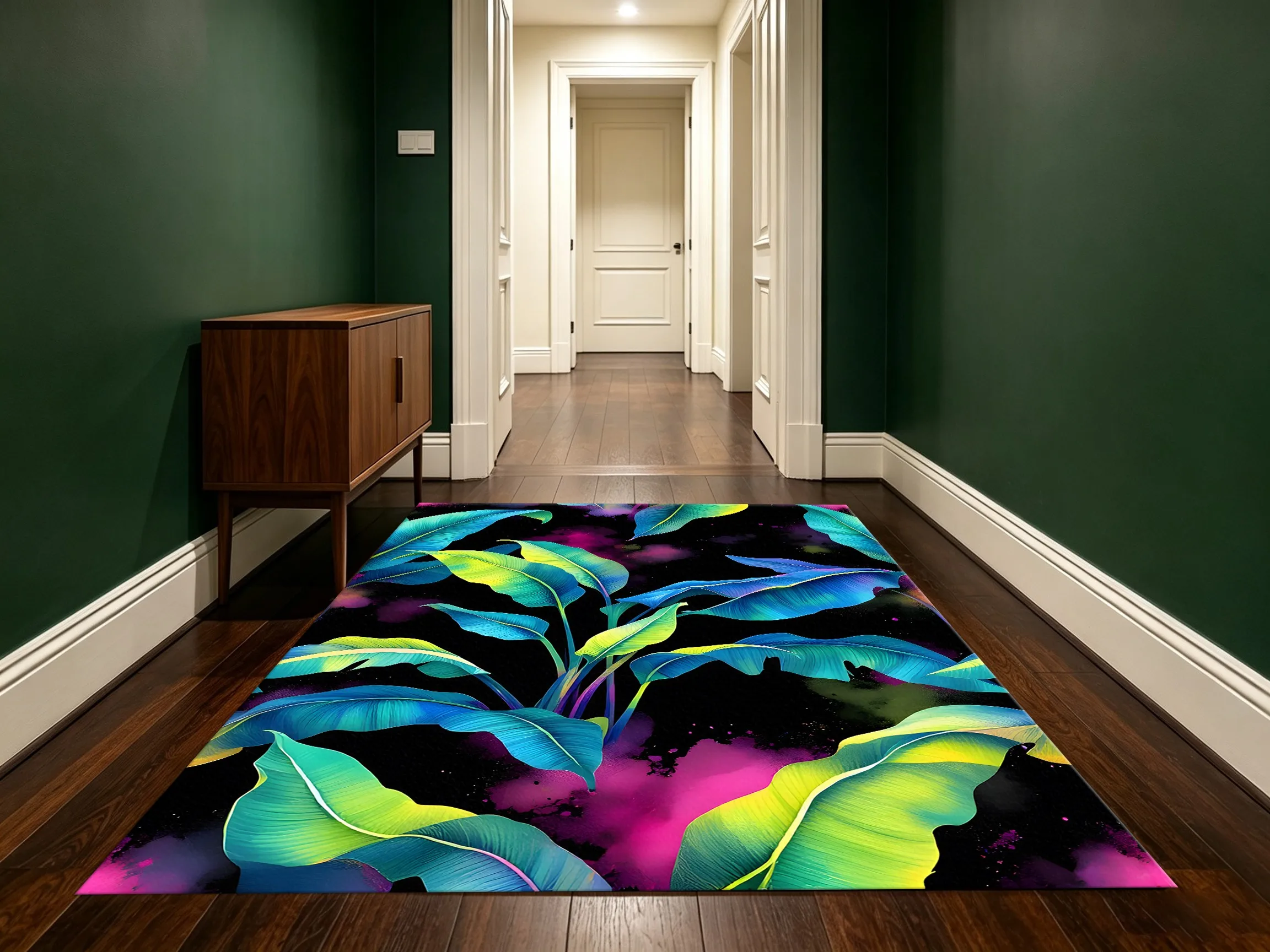 Large Area Rug Black Base Gradient Tropical Leaf Print Soft Velvet Living Room Bedroom Home Decor Area Rug