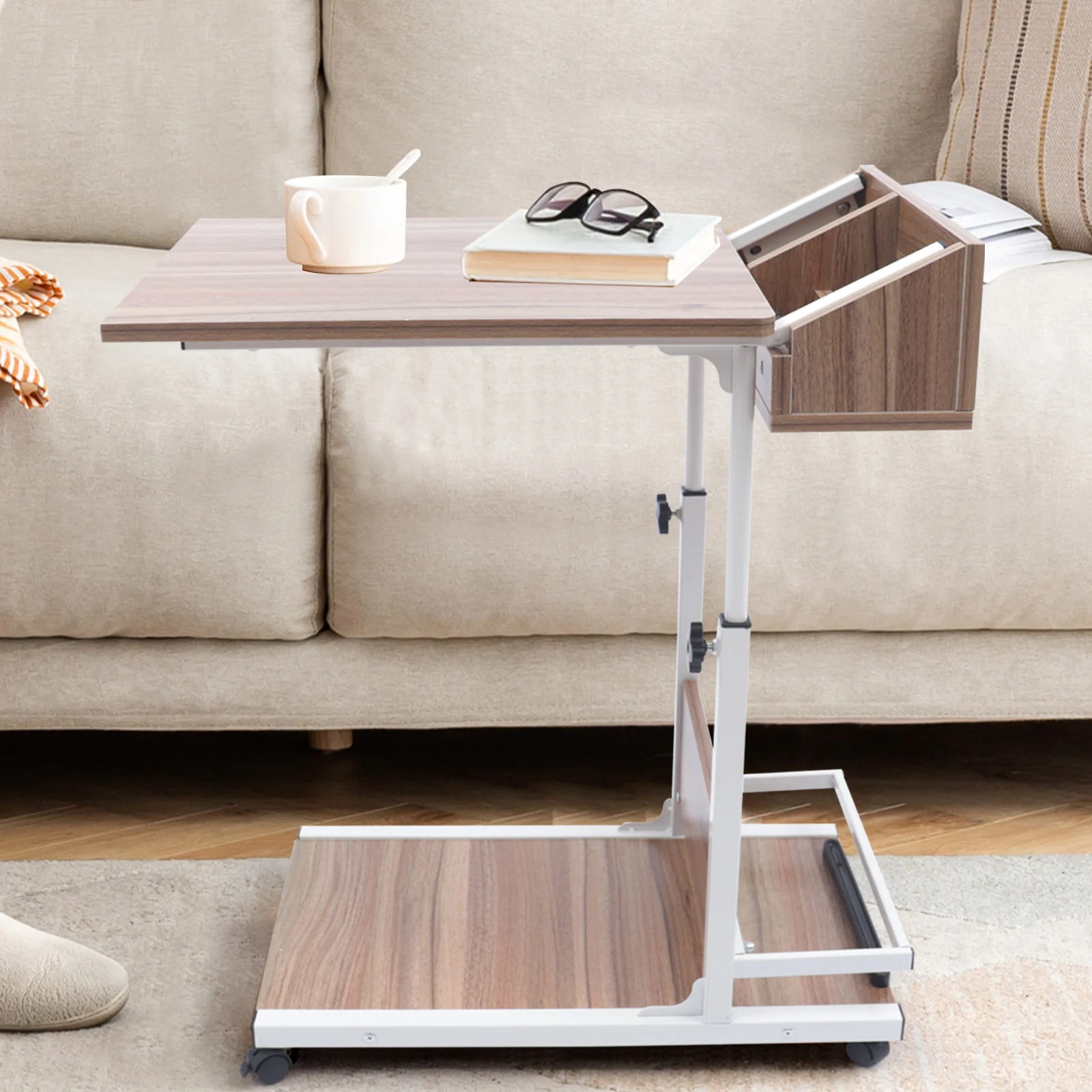 Adjustable Heigh Shaped End Table with Wheels, Rolling Sofa Side Table with Storage, Wooden Snack Side Table, Mobile Couch Table