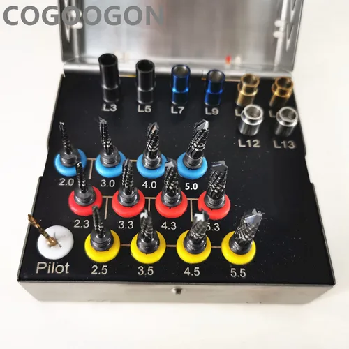 21 unids/set de taladros de fresa de osseodsificación Dental de titanio, Kit negro de implante Dental, quirúrgico sin óxido con tapones