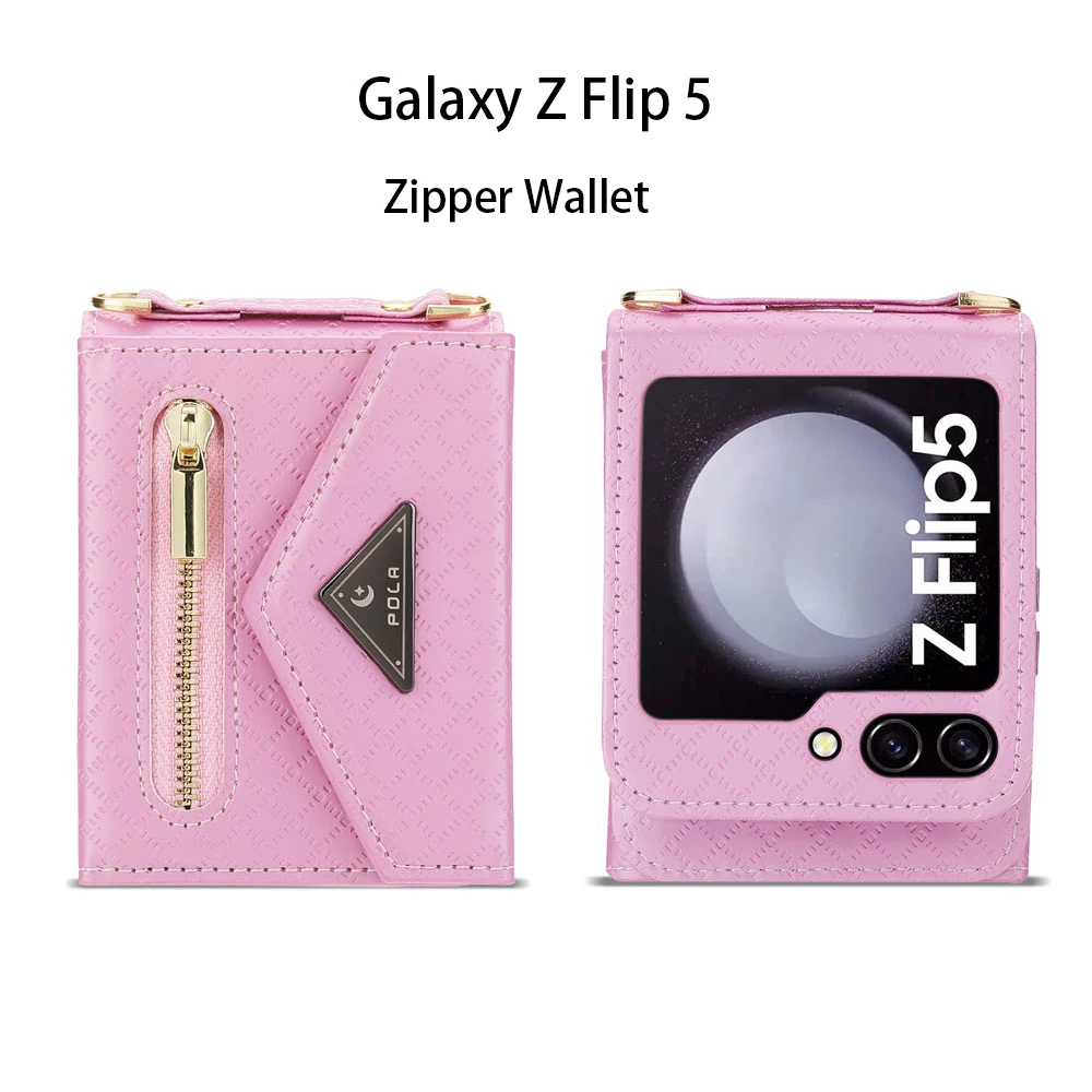 

Multifunctional Zipper Card Case Leather Phone Case For Samsung Galaxy Z Flip 5 Crossbody Lanyard Bag Anti-lost Protection Cover