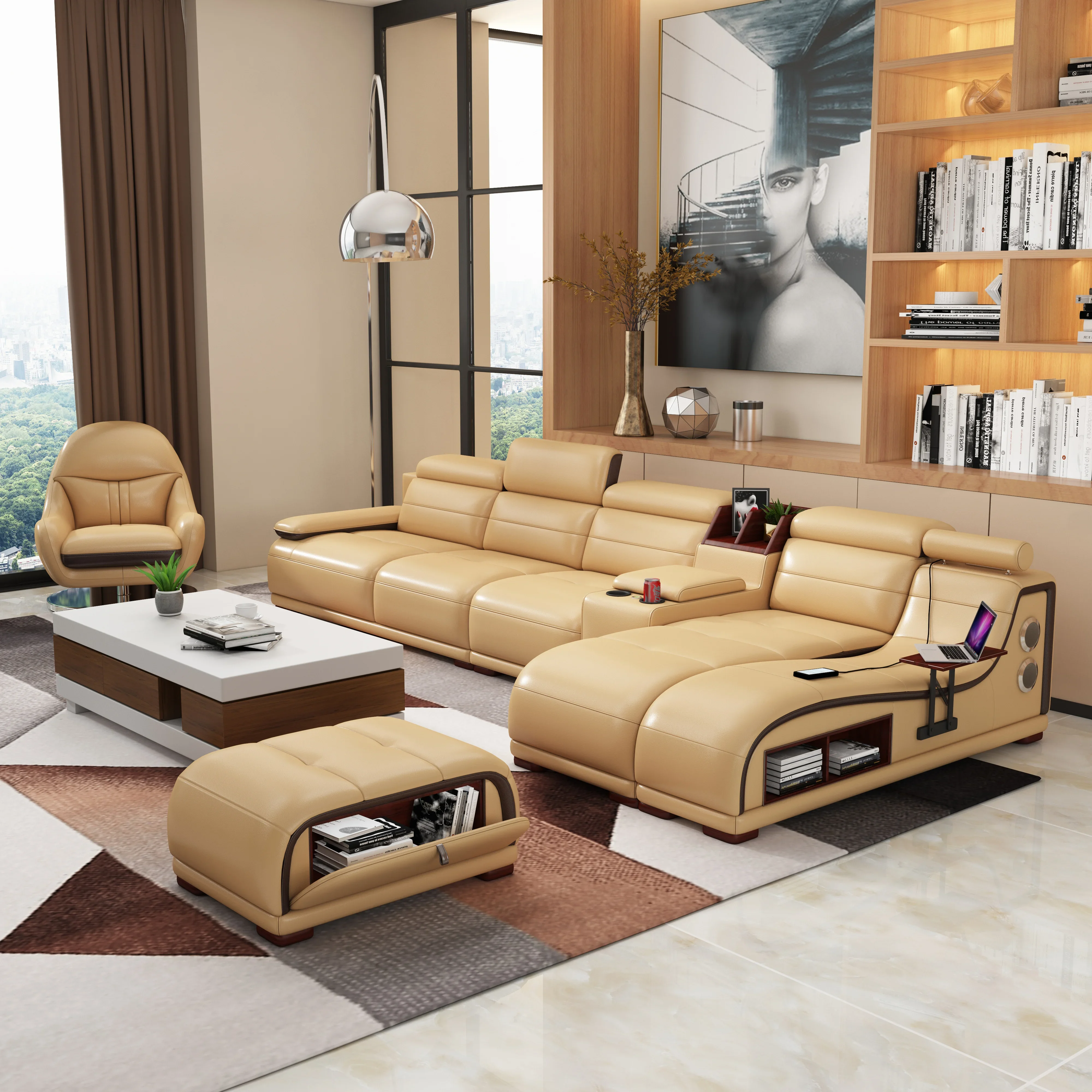 

-Modern Living Home Furniture With Bluetooth Speaker L Shape Leather Sofa High Quality Living Room Sofa Combination